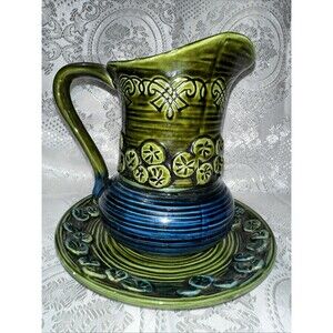 Mid Century Modern Pitcher Underplate Green Blue Inarco Japan Vintage 2 Piece